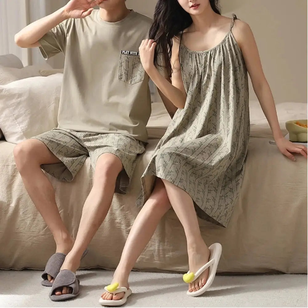 ID1730 カップル用 モダール ひんやりパジャマ レディース 胸当て付きストラップワンピース＆ メンズ 半袖シャツ 韓国風 セクシー可愛い 涼感 家居着