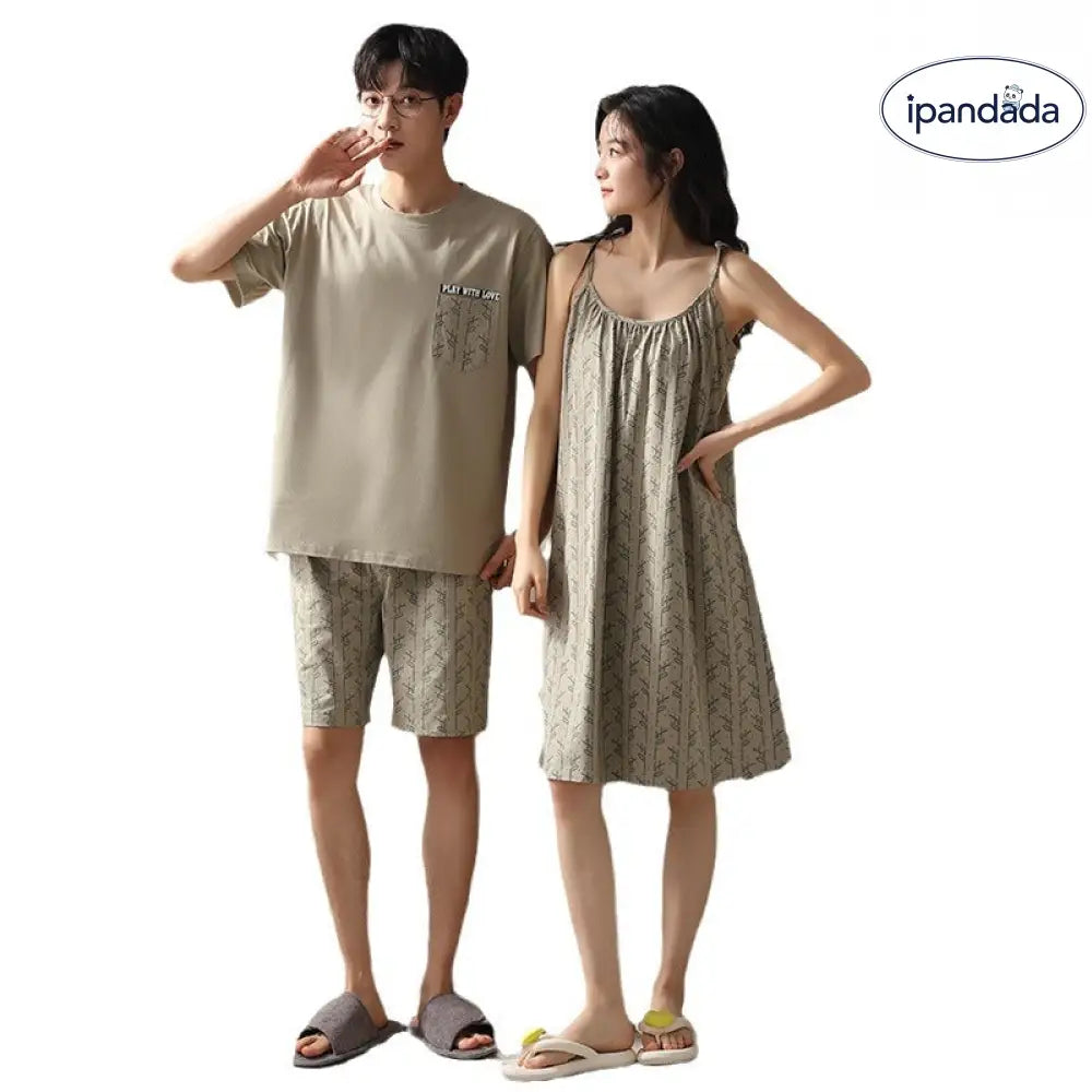 ID1730 カップル用 モダール ひんやりパジャマ レディース 胸当て付きストラップワンピース＆ メンズ 半袖シャツ 韓国風 セクシー可愛い 涼感 家居着