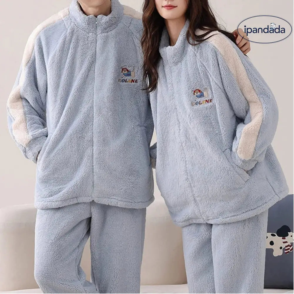 カップル用 パジャマ 秋冬 コーラルフリース 裏起毛 厚手 保温 ハイネック ジップアップ ライトスポーツ 大きいサイズ ルームウェア ID3565