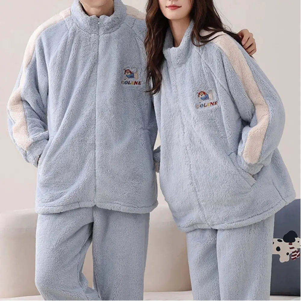 カップル用 パジャマ 秋冬 コーラルフリース 裏起毛 厚手 保温 ハイネック ジップアップ ライトスポーツ 大きいサイズ ルームウェア ID3565