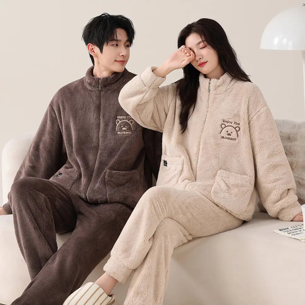 カップル用 パジャマ 秋冬 コーラルフリース 裏起毛 厚手 保温 ハイネック ジップアップ ライトスポーツ 大きいサイズ ルームウェア ID3565 タイプ④ / レディースＭ