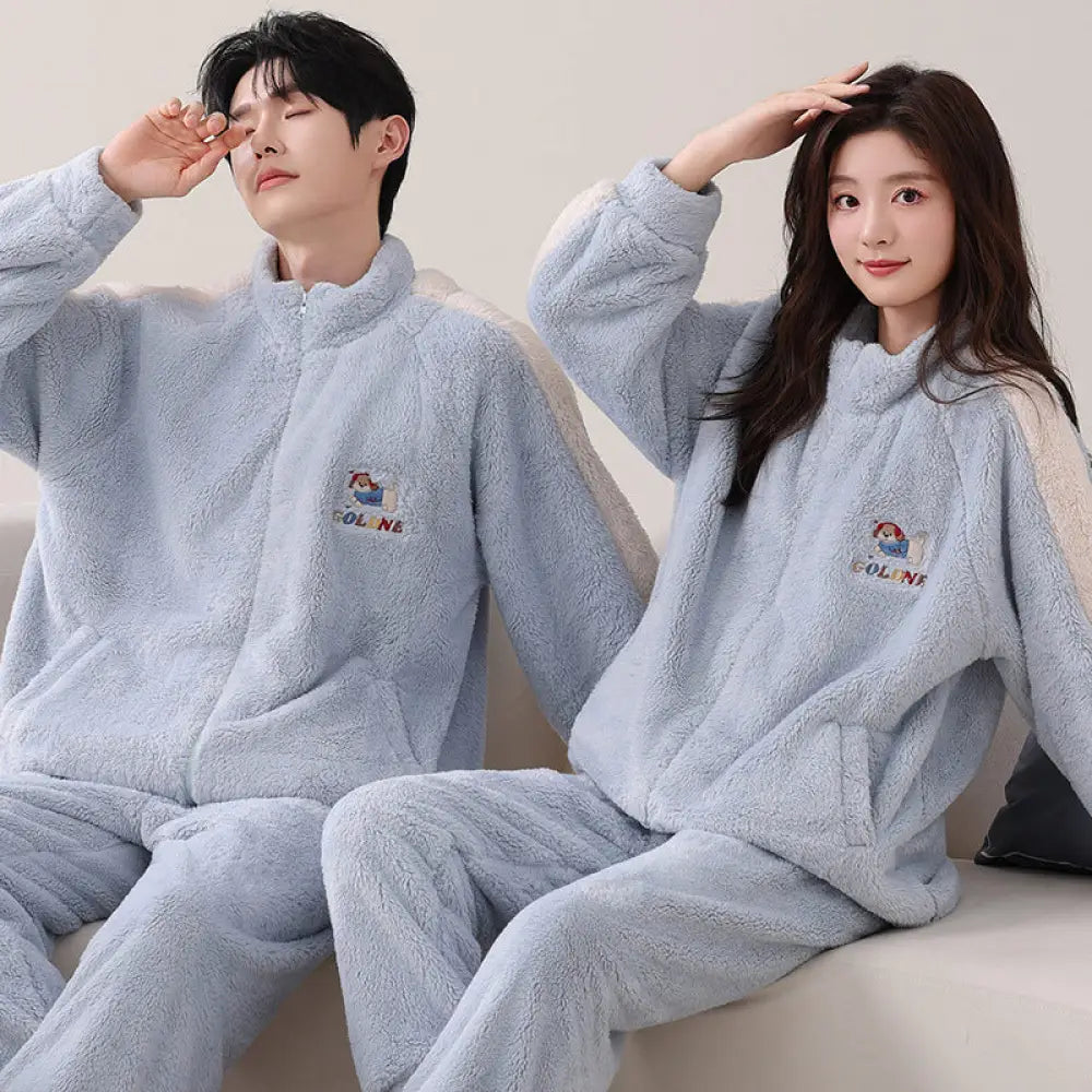 カップル用 パジャマ 秋冬 コーラルフリース 裏起毛 厚手 保温 ハイネック ジップアップ ライトスポーツ 大きいサイズ ルームウェア ID3565 タイプ① / レディースＭ
