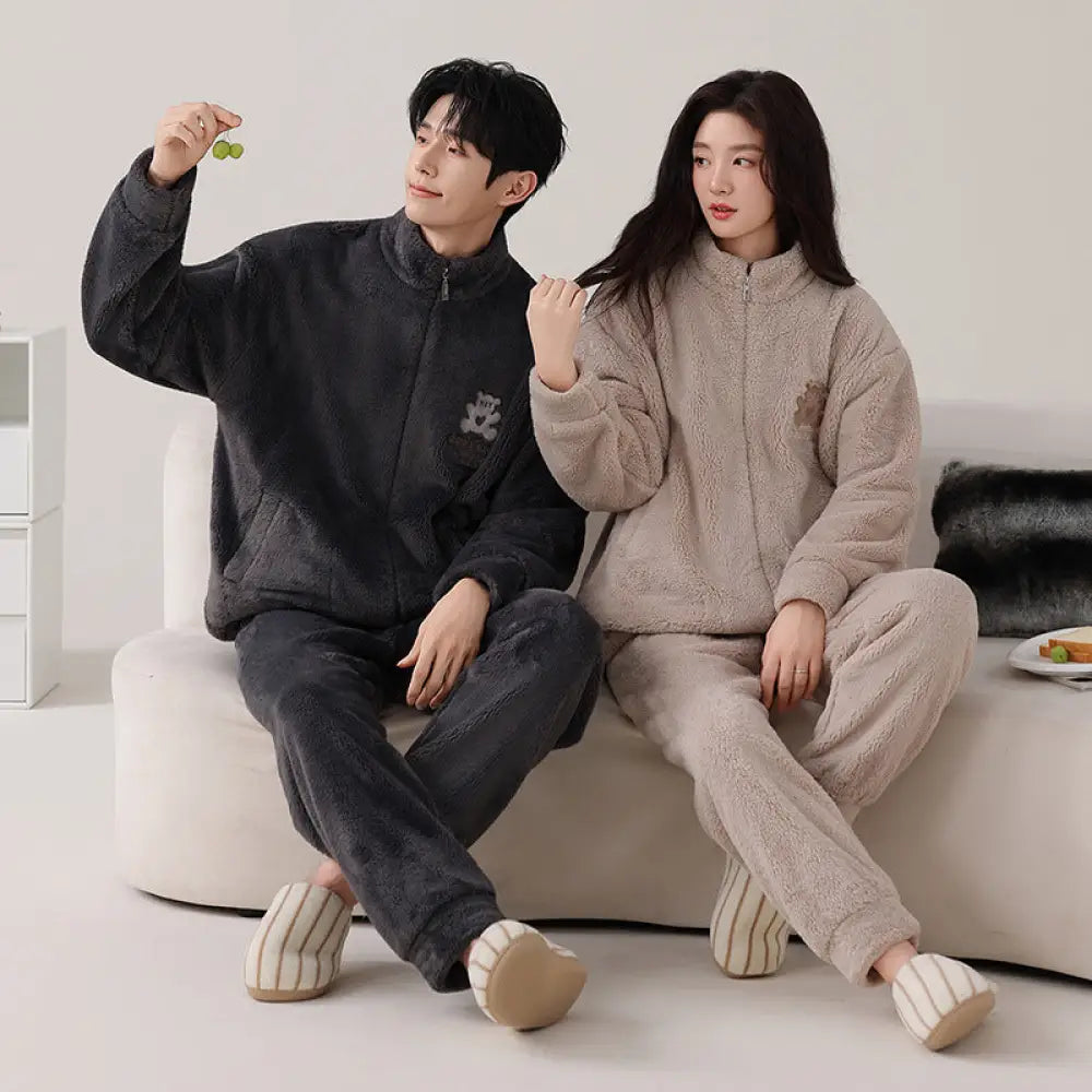 カップル用 パジャマ 秋冬 コーラルフリース 裏起毛 厚手 保温 ハイネック ジップアップ ライトスポーツ 大きいサイズ ルームウェア ID3565 タイプ⑤ / レディースＭ