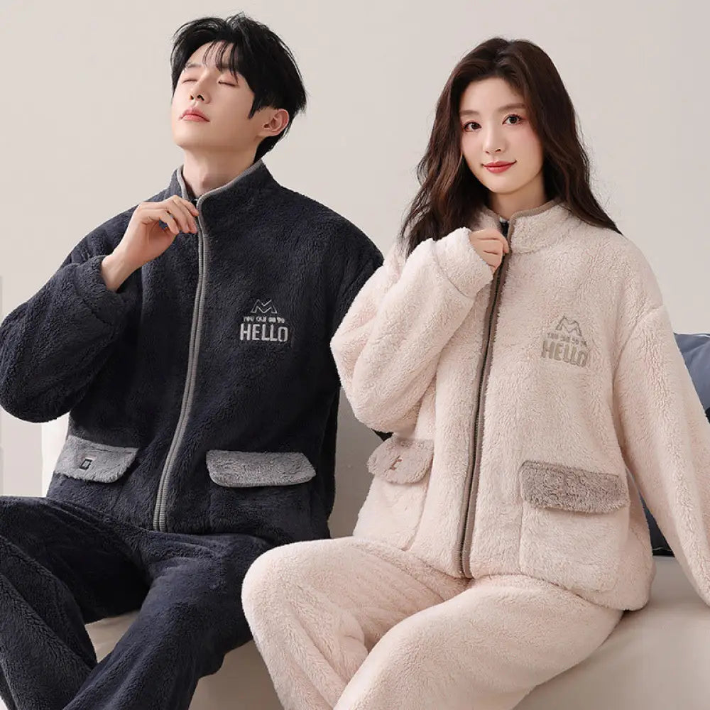 カップル用 パジャマ 秋冬 コーラルフリース 裏起毛 厚手 保温 ハイネック ジップアップ ライトスポーツ 大きいサイズ ルームウェア ID3565 タイプ⑧ / レディースＭ