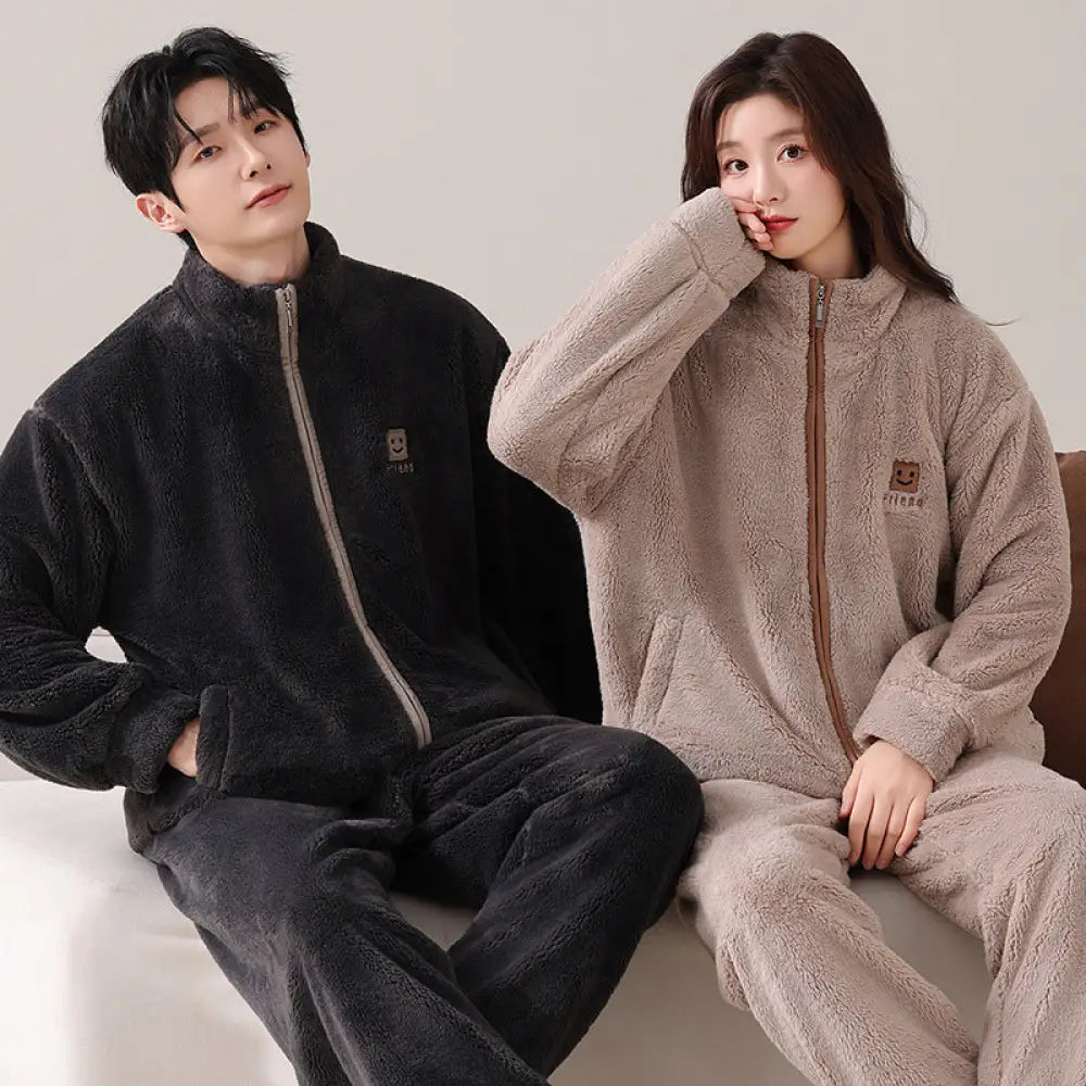 カップル用 パジャマ 秋冬 コーラルフリース 裏起毛 厚手 保温 ハイネック ジップアップ ライトスポーツ 大きいサイズ ルームウェア ID3565 タイプ⑥ / レディースＭ