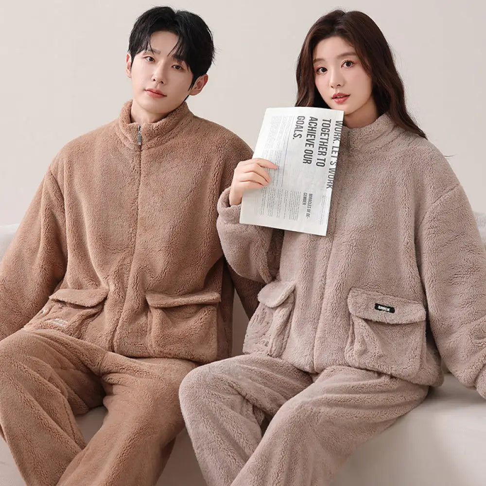 カップル用 パジャマ 秋冬 コーラルフリース 裏起毛 厚手 保温 ハイネック ジップアップ ライトスポーツ 大きいサイズ ルームウェア ID3565 タイプ⑨ / レディースＭ