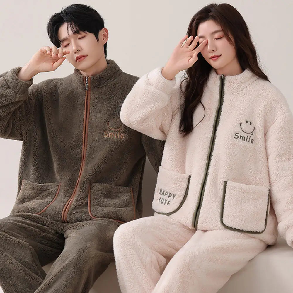 カップル用 パジャマ 秋冬 コーラルフリース 裏起毛 厚手 保温 ハイネック ジップアップ ライトスポーツ 大きいサイズ ルームウェア ID3565 タイプ③ / レディースＭ