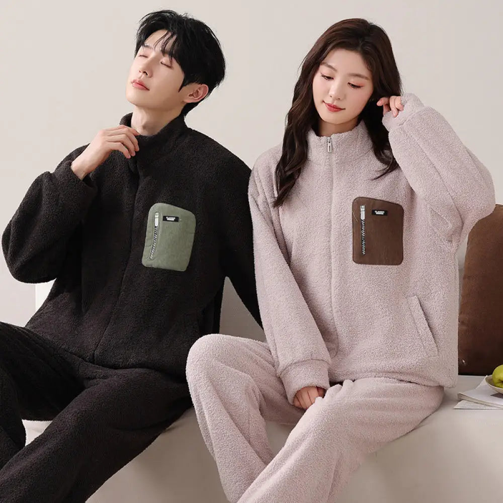 カップル用 パジャマ 秋冬 コーラルフリース 裏起毛 厚手 保温 ハイネック ジップアップ ライトスポーツ 大きいサイズ ルームウェア ID3565 タイプ② / レディースＭ