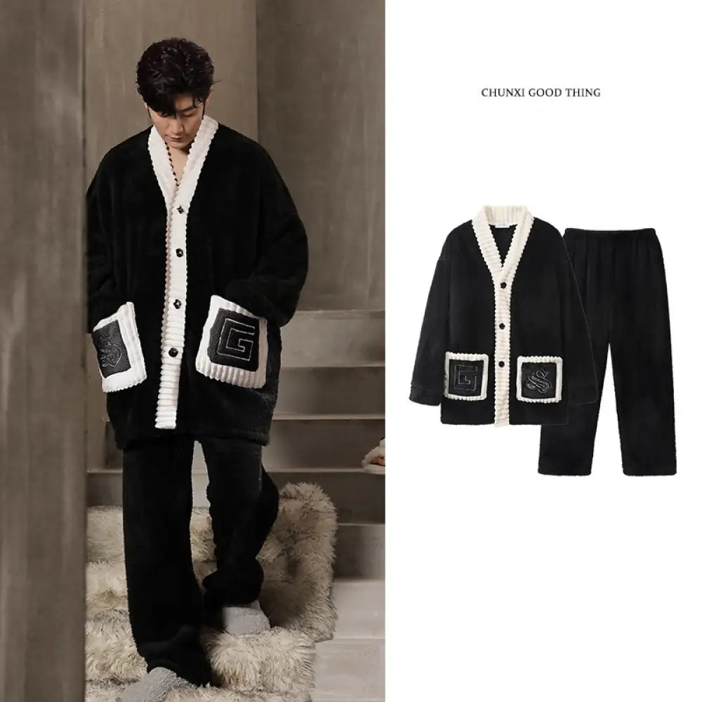 カップル用 パジャマ レディース 冬 新作 カーディガン 長袖 サンゴフリース 厚手 保温 メンズ ジュニア ルームウェア ID3711 男性 ブラック / M