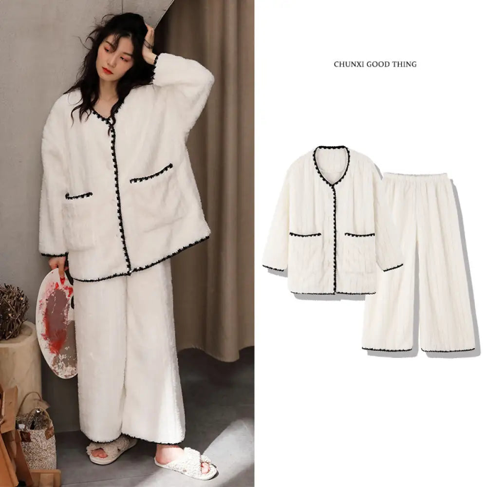 カップル用 パジャマ レディース 冬 新作 カーディガン 長袖 サンゴフリース 厚手 保温 メンズ ジュニア ルームウェア ID3711 女性 ホワイト / M