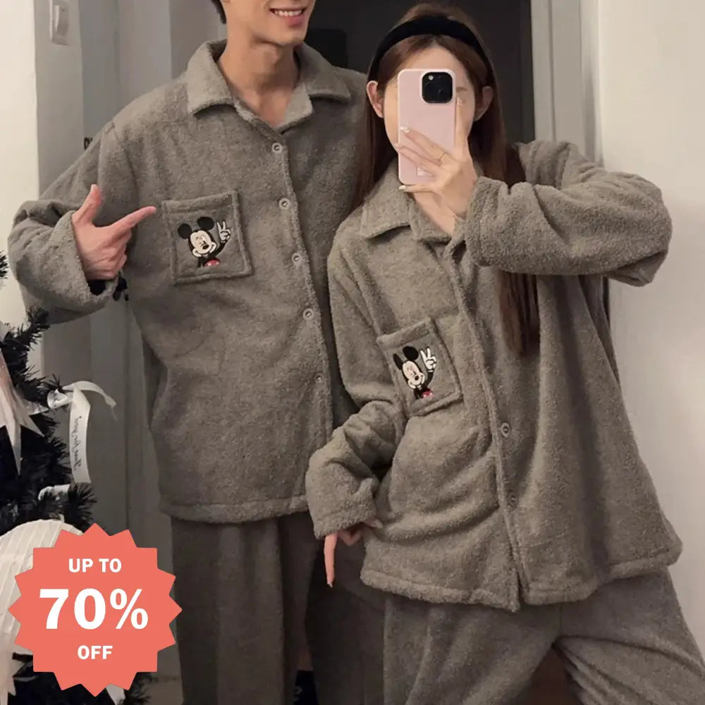 カップル用 パジャマ レディース 秋冬 コーラルフリース 厚手 セットアップ 可愛い キャラクター ミッキー メンズ カーディガン ID3492 写真通り / レディースＭ