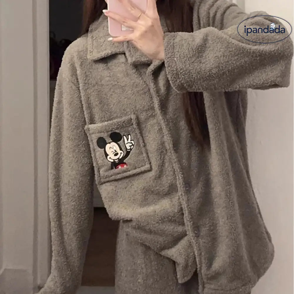 カップル用 パジャマ レディース 秋冬 コーラルフリース 厚手 セットアップ 可愛い キャラクター ミッキー メンズ カーディガン ID3492