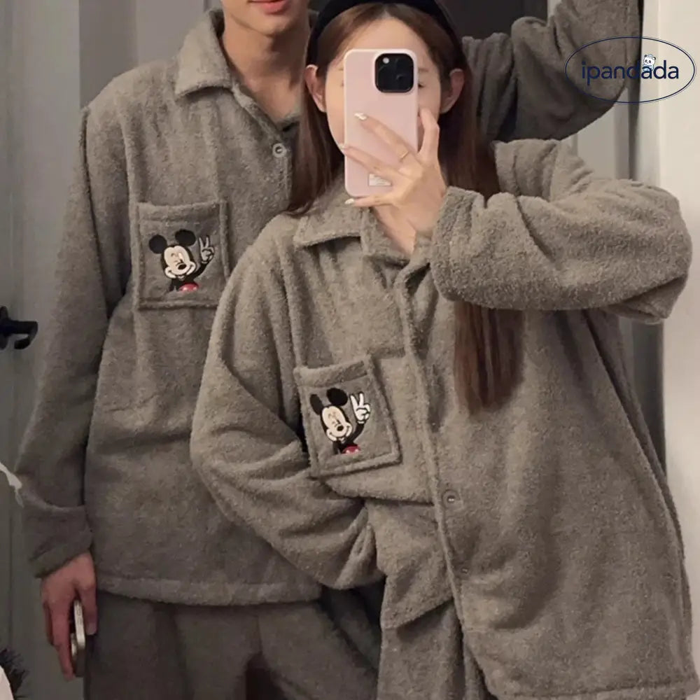 カップル用 パジャマ レディース 秋冬 コーラルフリース 厚手 セットアップ 可愛い キャラクター ミッキー メンズ カーディガン ID3492