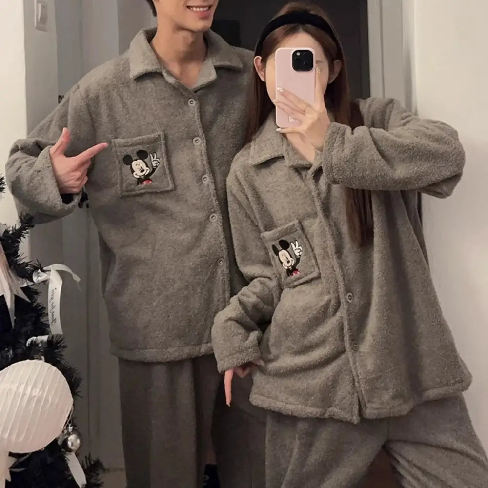 カップル用 パジャマ レディース 秋冬 コーラルフリース 厚手 セットアップ 可愛い キャラクター ミッキー メンズ カーディガン ID3492 写真通り / レディースＭ