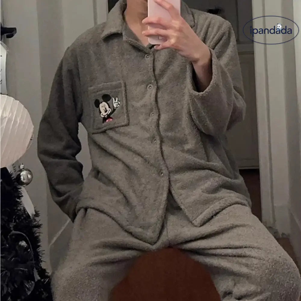 カップル用 パジャマ レディース 秋冬 コーラルフリース 厚手 セットアップ 可愛い キャラクター ミッキー メンズ カーディガン ID3492