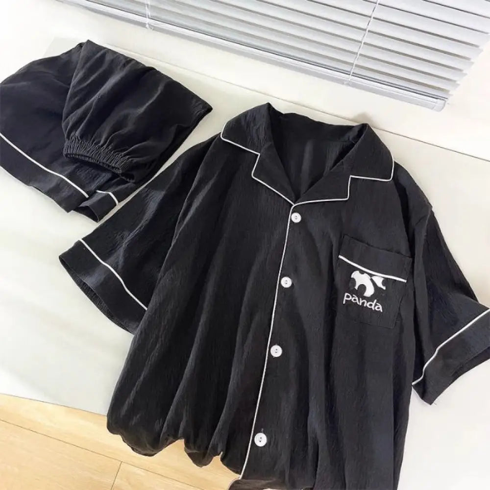 ID1663 カップル用 夏用 クラウドコットン パジャマセット メンズ＆レディース 半袖カーディガン シンプル 学生向け ゆったりサイズ ブラック / メンズL カップル>セットアップ