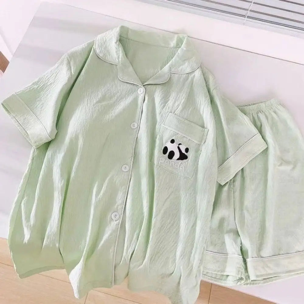 ID1663 カップル用 夏用 クラウドコットン パジャマセット メンズ＆レディース 半袖カーディガン シンプル 学生向け ゆったりサイズ グリーン / レディースＭ カップル>セットアップ