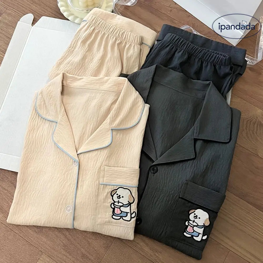 ID1663 カップル用 夏用 クラウドコットン パジャマセット メンズ＆レディース 半袖カーディガン シンプル 学生向け ゆったりサイズ