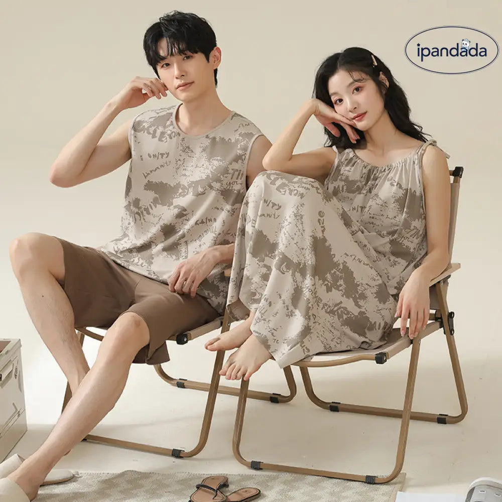 ID1071 カップル用 胸当て付き パジャマセット 夏用 レトロ風 ノースリーブワンピース＆ルームウェア おそろいコーデ カップル＞セットアップ