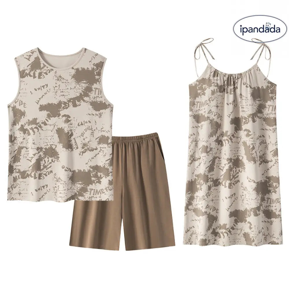 ID1071 カップル用 胸当て付き パジャマセット 夏用 レトロ風 ノースリーブワンピース＆ルームウェア おそろいコーデ カップル＞セットアップ