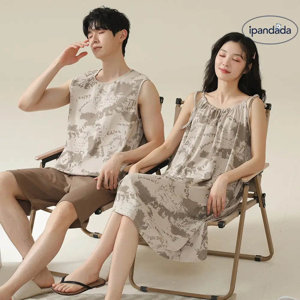 ID1071 カップル用 胸当て付き パジャマセット 夏用 レトロ風 ノースリーブワンピース＆ルームウェア おそろいコーデ カップル＞セットアップ
