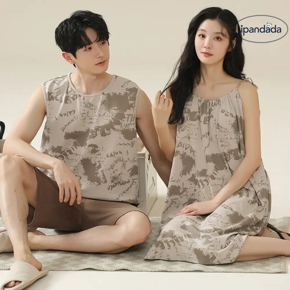 ID1071 カップル用 胸当て付き パジャマセット 夏用 レトロ風 ノースリーブワンピース＆ルームウェア おそろいコーデ カップル＞セットアップ