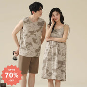 ID1071 カップル用 胸当て付き パジャマセット 夏用 レトロ風 ノースリーブワンピース＆ルームウェア おそろいコーデ 写真通り① / メンズL カップル＞セットアップ