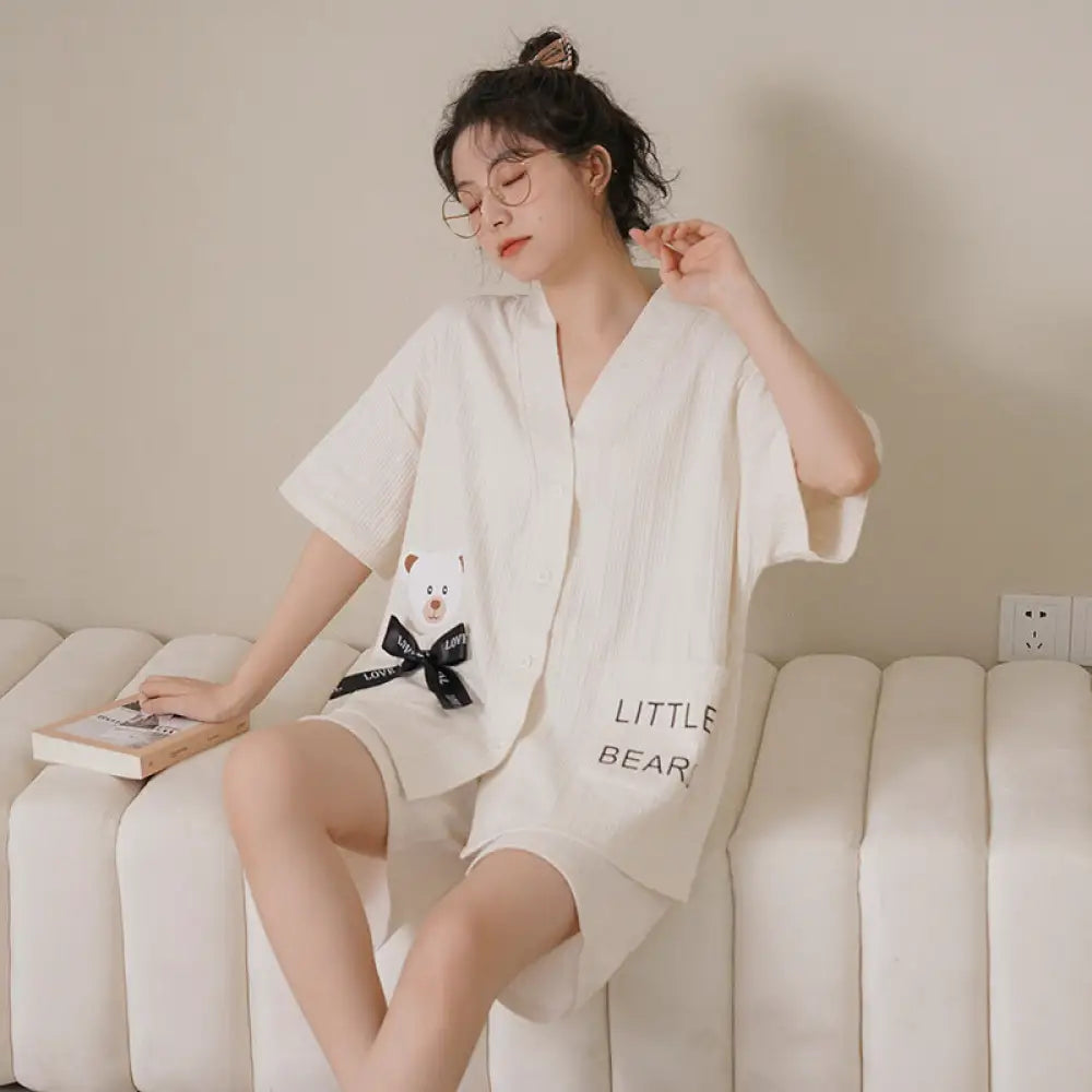 ID1032 カップル用パジャマ レディース 夏 ショートスリーブ 可愛い 韓国風 開襟 着物 スウィート セット 大きいサイズ メンズ ルーズ ルームウェア ホワイト / M カップル＞セットアップ