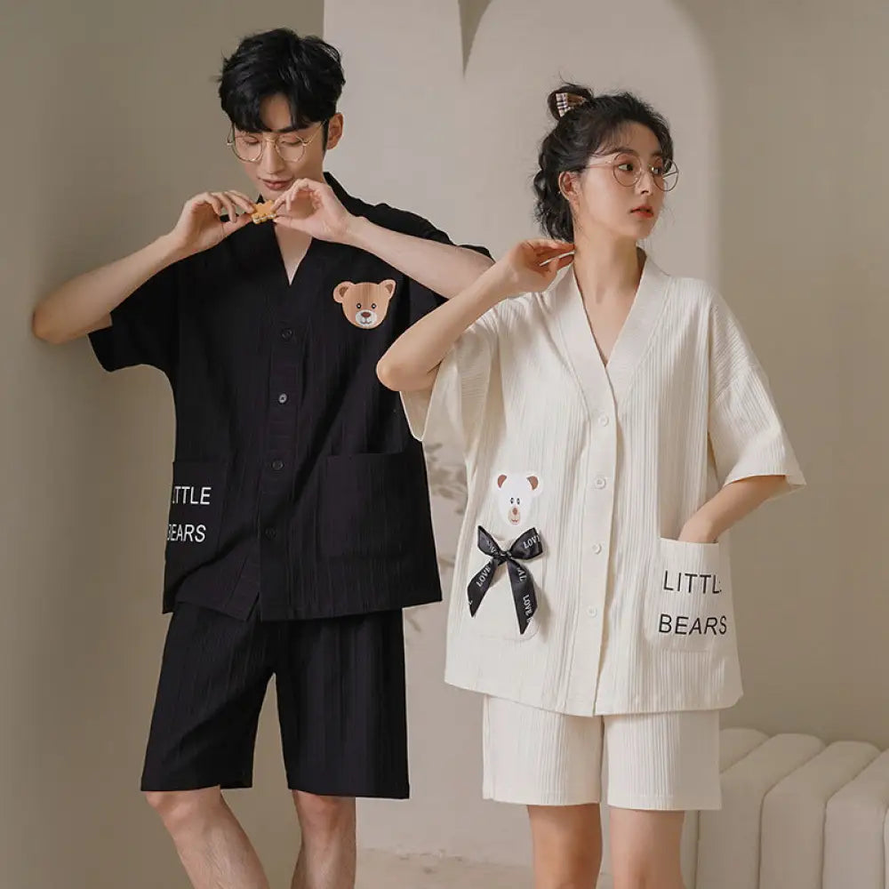 ID1032 カップル用パジャマ レディース 夏 ショートスリーブ 可愛い 韓国風 開襟 着物 スウィート セット 大きいサイズ メンズ ルーズ ルームウェア カップル＞セットアップ