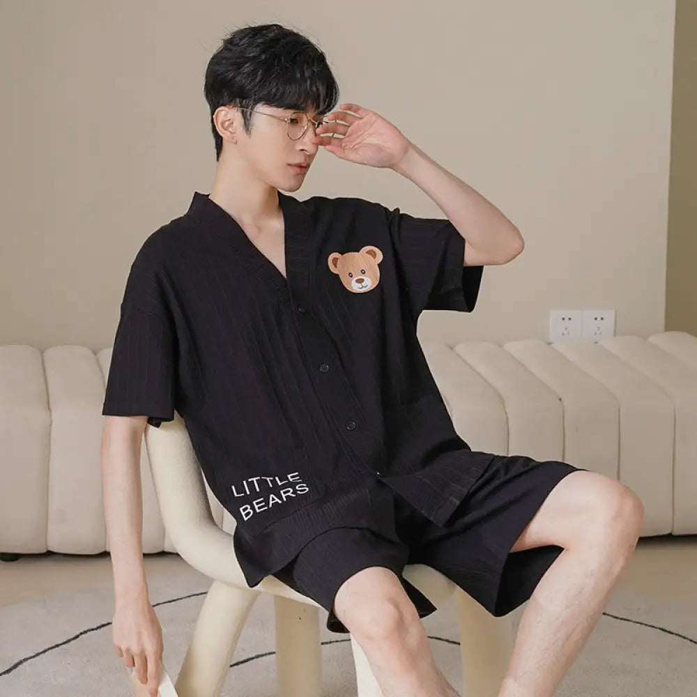 ID1032 カップル用パジャマ レディース 夏 ショートスリーブ 可愛い 韓国風 開襟 着物 スウィート セット 大きいサイズ メンズ ルーズ ルームウェア ブラック / M カップル＞セットアップ