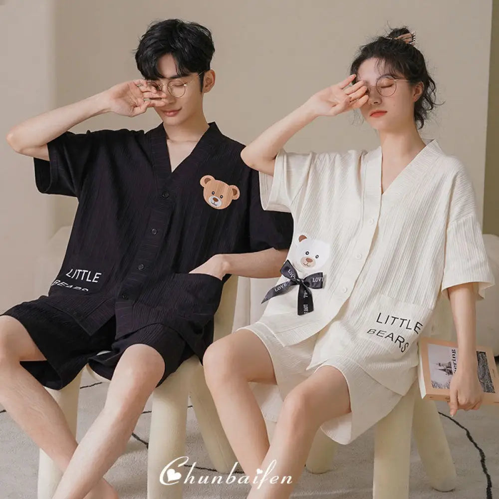 ID1032 カップル用パジャマ レディース 夏 ショートスリーブ 可愛い 韓国風 開襟 着物 スウィート セット 大きいサイズ メンズ ルーズ ルームウェア カップル＞セットアップ