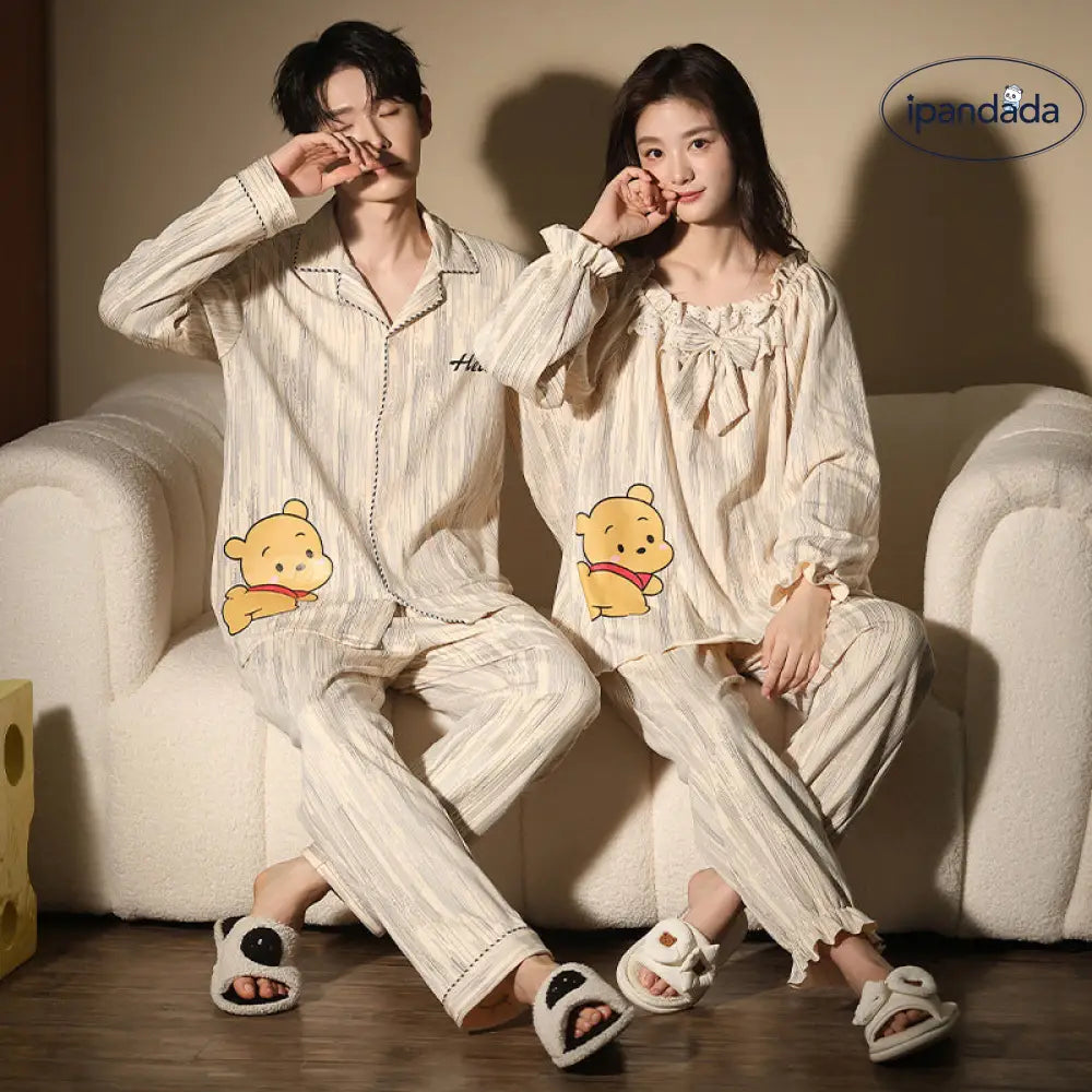 カップルパジャマ プーさん パジャマ セット 長袖 トップス&ボトムス ルームウェア 部屋着 カジュアル 柔らか 可愛い 春 秋 ゆったり 男女兼用 プレゼント ID4061