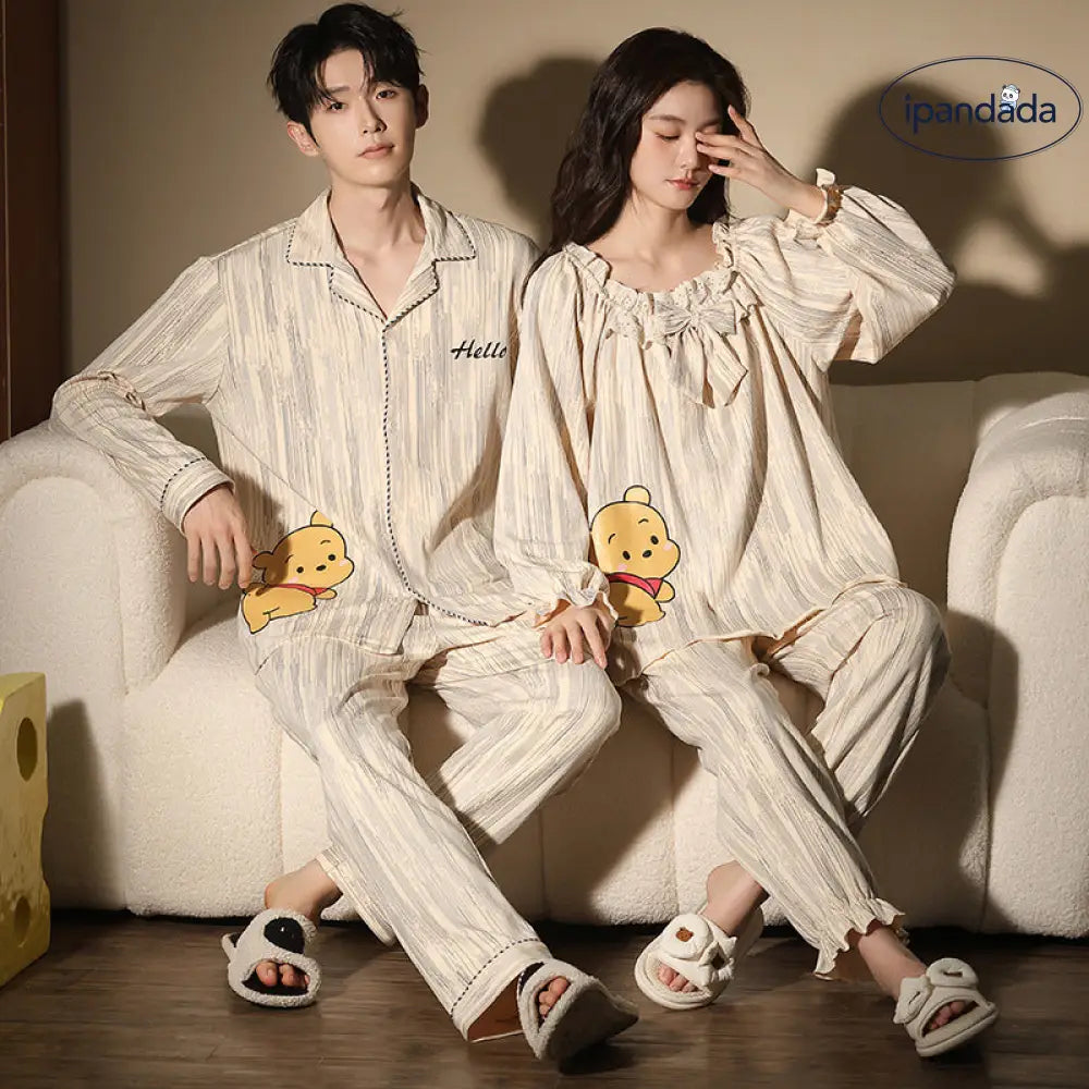 カップルパジャマ プーさん パジャマ セット 長袖 トップス&ボトムス ルームウェア 部屋着 カジュアル 柔らか 可愛い 春 秋 ゆったり 男女兼用 プレゼント ID4061