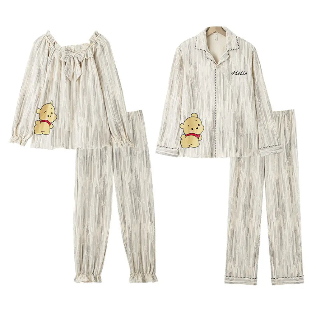 カップルパジャマ プーさん パジャマ セット 長袖 トップス&ボトムス ルームウェア 部屋着 カジュアル 柔らか 可愛い 春 秋 ゆったり 男女兼用 プレゼント ID4061 写真通り / レディースＭ