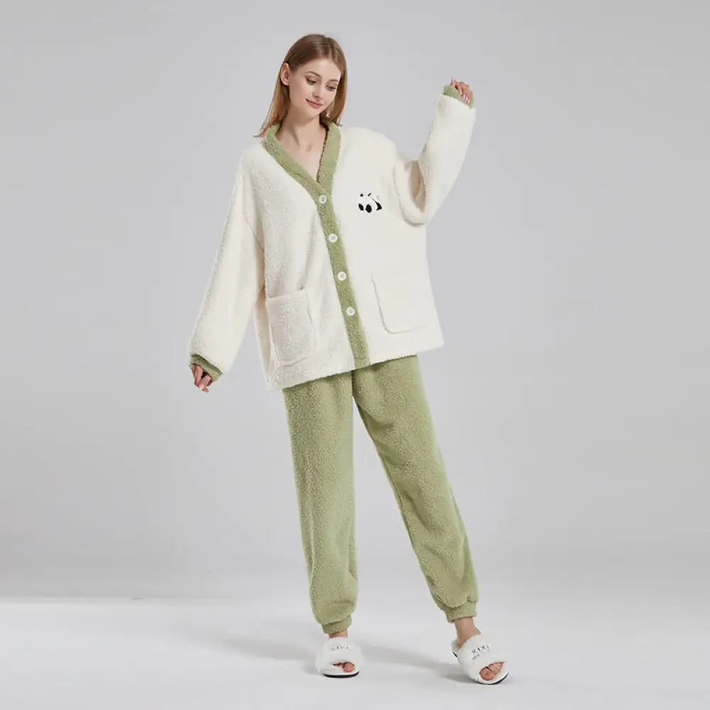 カップルパジャマ レディース 冬用 コーラルフリース 厚手 ルームウェア フェルト カートゥーン パンダ カップル パジャマ セット カップル クリスマス ギフト ID3574 グリーン / レディースＭ コーディネート＞ペアルック