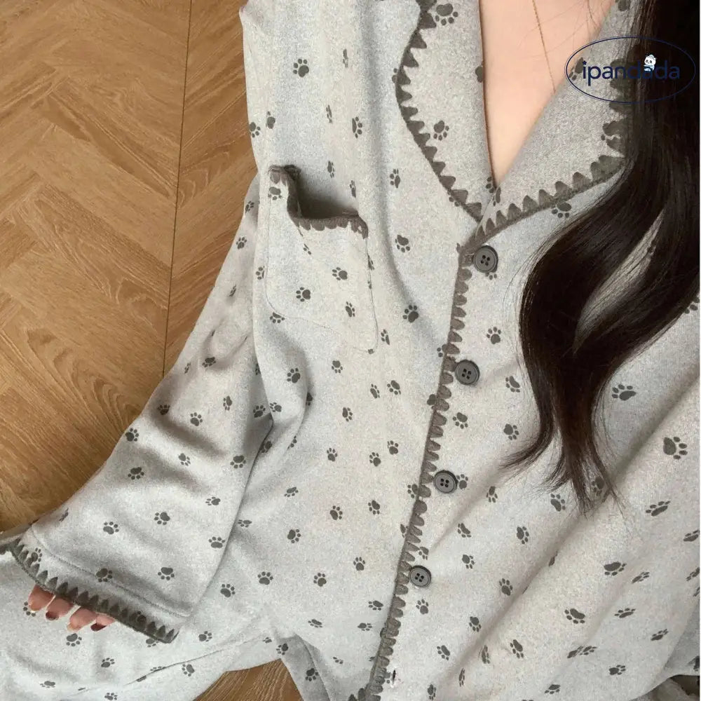 カートゥーン グレー キャット クロー コットン かわいい おしゃれ パジャマ 女性 春秋 新作 韓国風 薄手 ルームウェア セット ID4363 レディース＞セットアップ