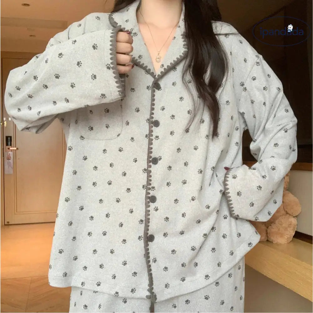 カートゥーン グレー キャット クロー コットン かわいい おしゃれ パジャマ 女性 春秋 新作 韓国風 薄手 ルームウェア セット ID4363 レディース＞セットアップ