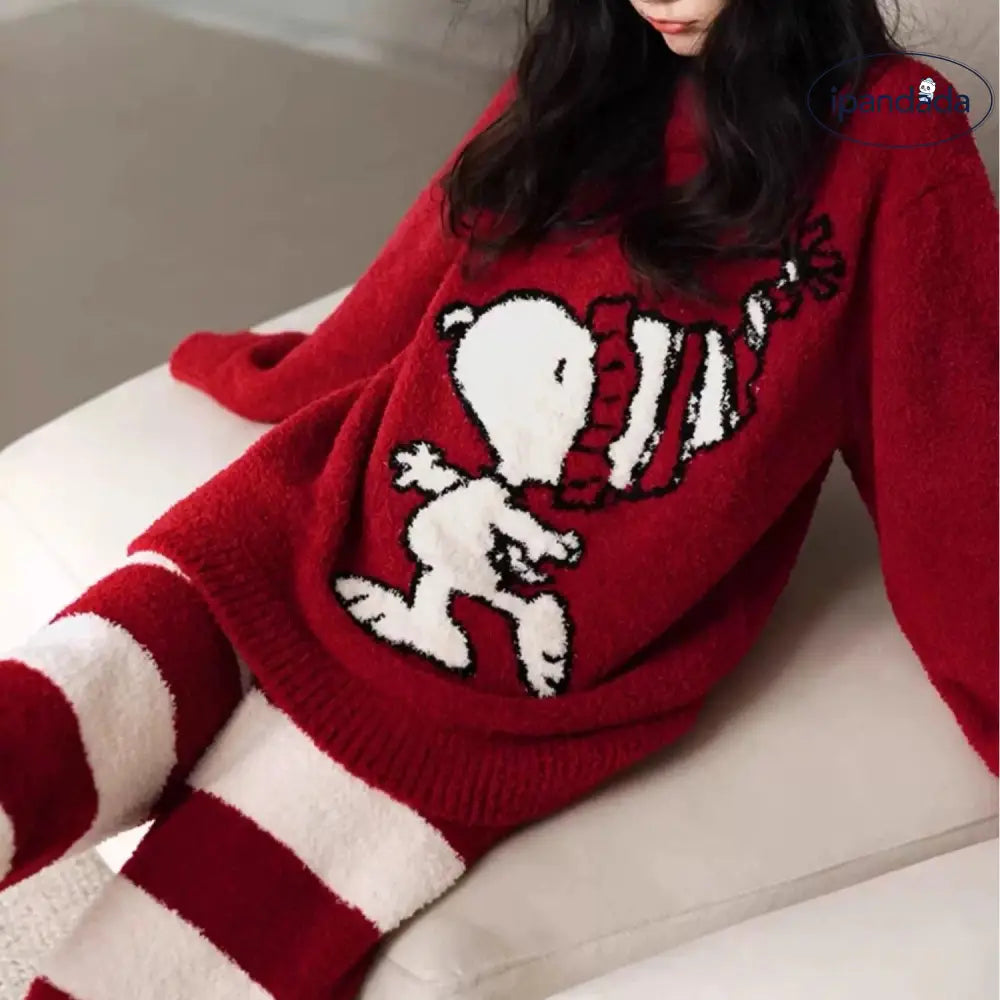 カートゥーン かわいい フリース パジャマ 女性用 秋冬用 厚手 ルームウェアセット ID3699 レッド / フリー