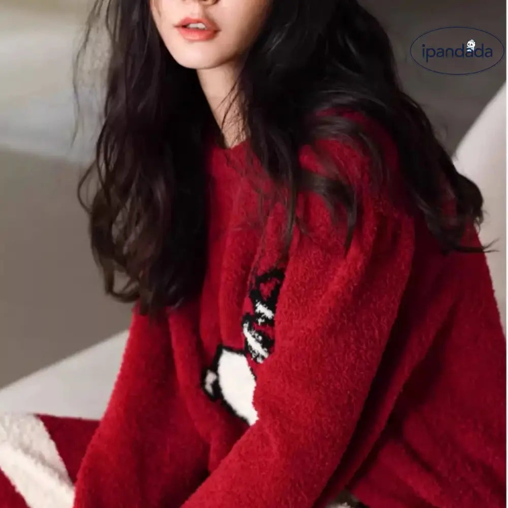 カートゥーン かわいい フリース パジャマ 女性用 秋冬用 厚手 ルームウェアセット ID3699 レッド / フリー