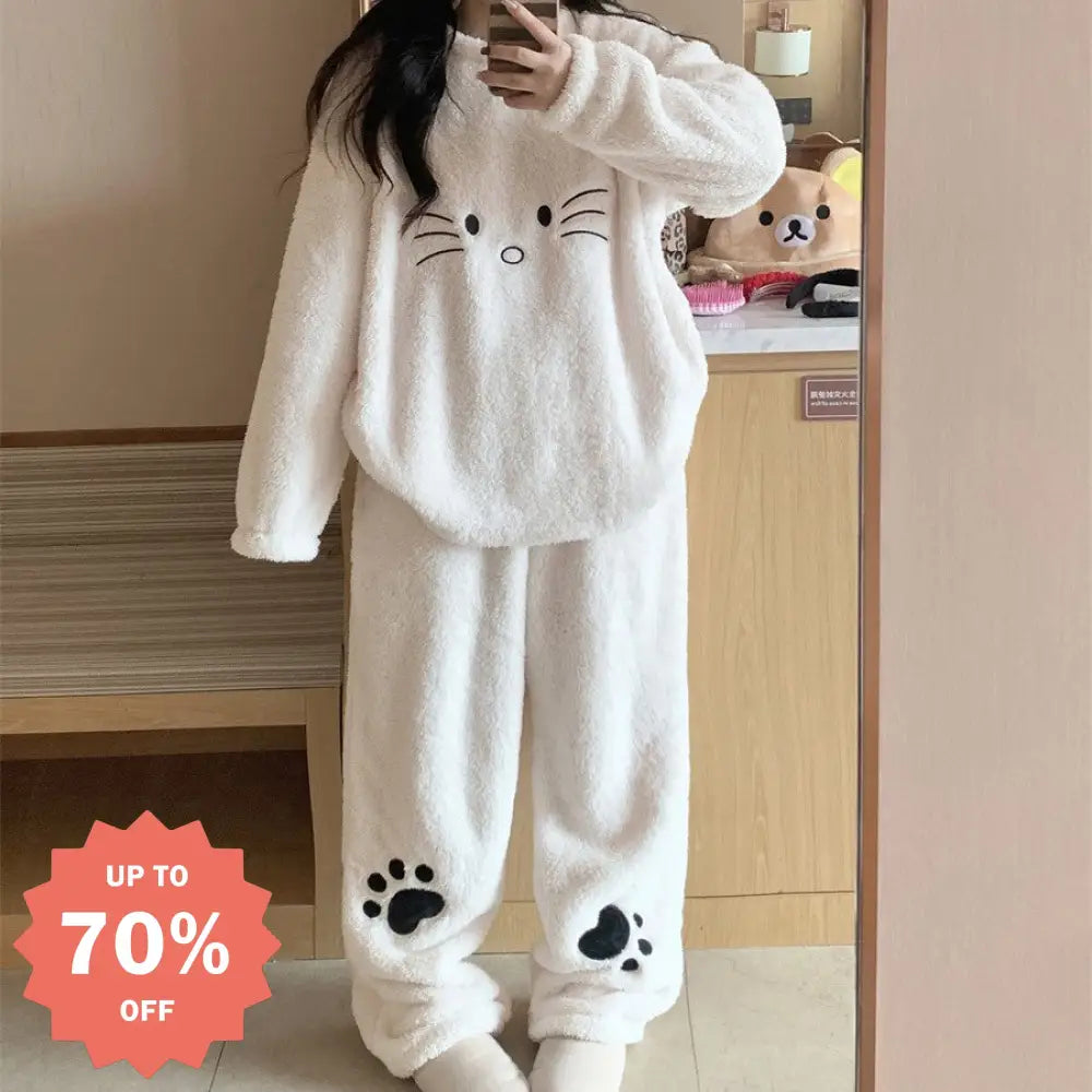 カートゥーン かわいい フリース パジャマ レディース 秋冬用 コーラルフリース 保温 厚手 ルームウェア セットアップ ID3510