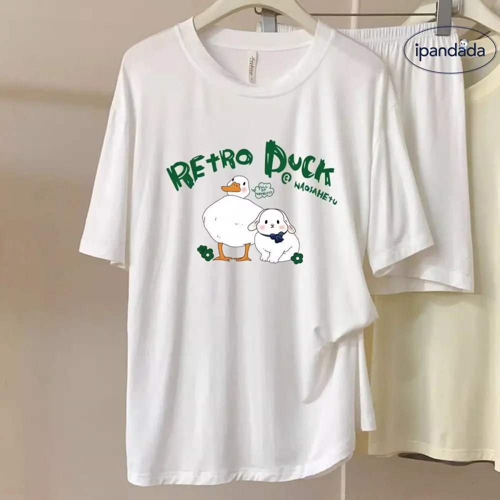 ID1592 カートゥーン かわいい 小さなアヒル モダール コットン ラウンドネック 半袖 ショートパンツ パジャマ レディース 新作 2点セット ルームウェア ホワイト / M レディース＞セットアップ