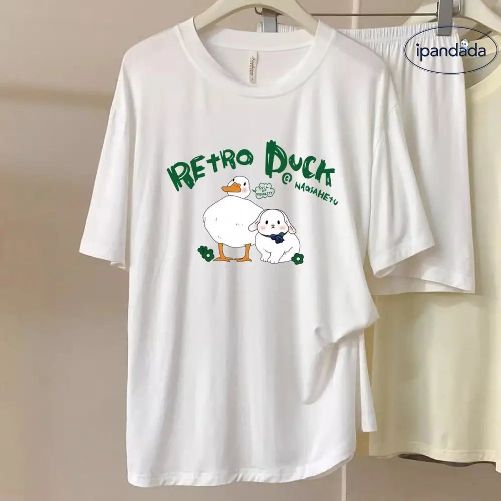 ID1592 カートゥーン かわいい 小さなアヒル モダール コットン ラウンドネック 半袖 ショートパンツ パジャマ レディース 新作 2点セット ルームウェア