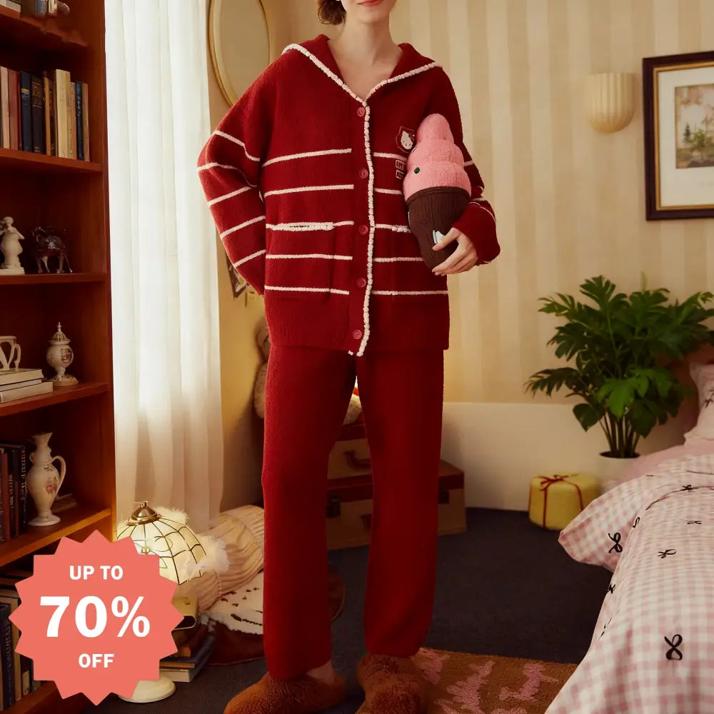 カートゥーン キティ猫 フリース パジャマ レディース 冬用 かわいい クリスマス ルームウェア セット ID3078