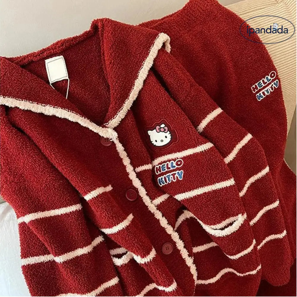 カートゥーン キティ猫 フリース パジャマ レディース 冬用 かわいい クリスマス ルームウェア セット ID3078