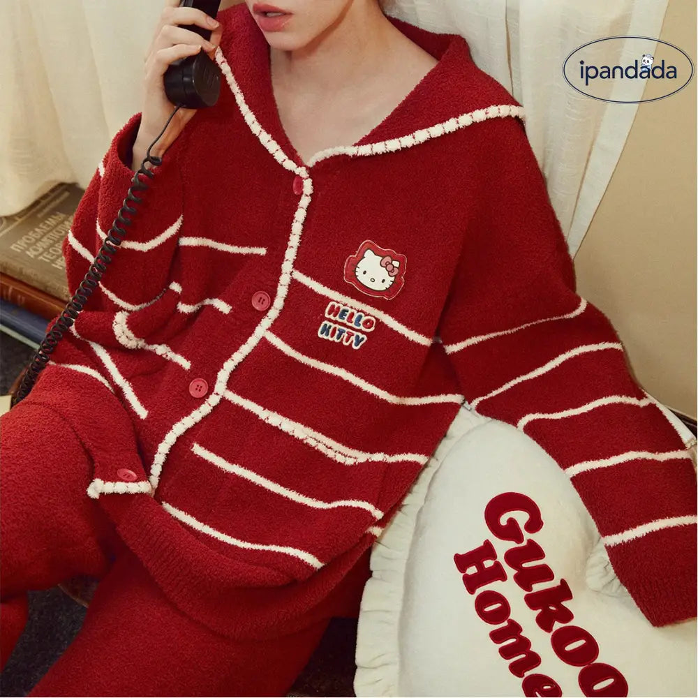 カートゥーン キティ猫 フリース パジャマ レディース 冬用 かわいい クリスマス ルームウェア セット ID3078