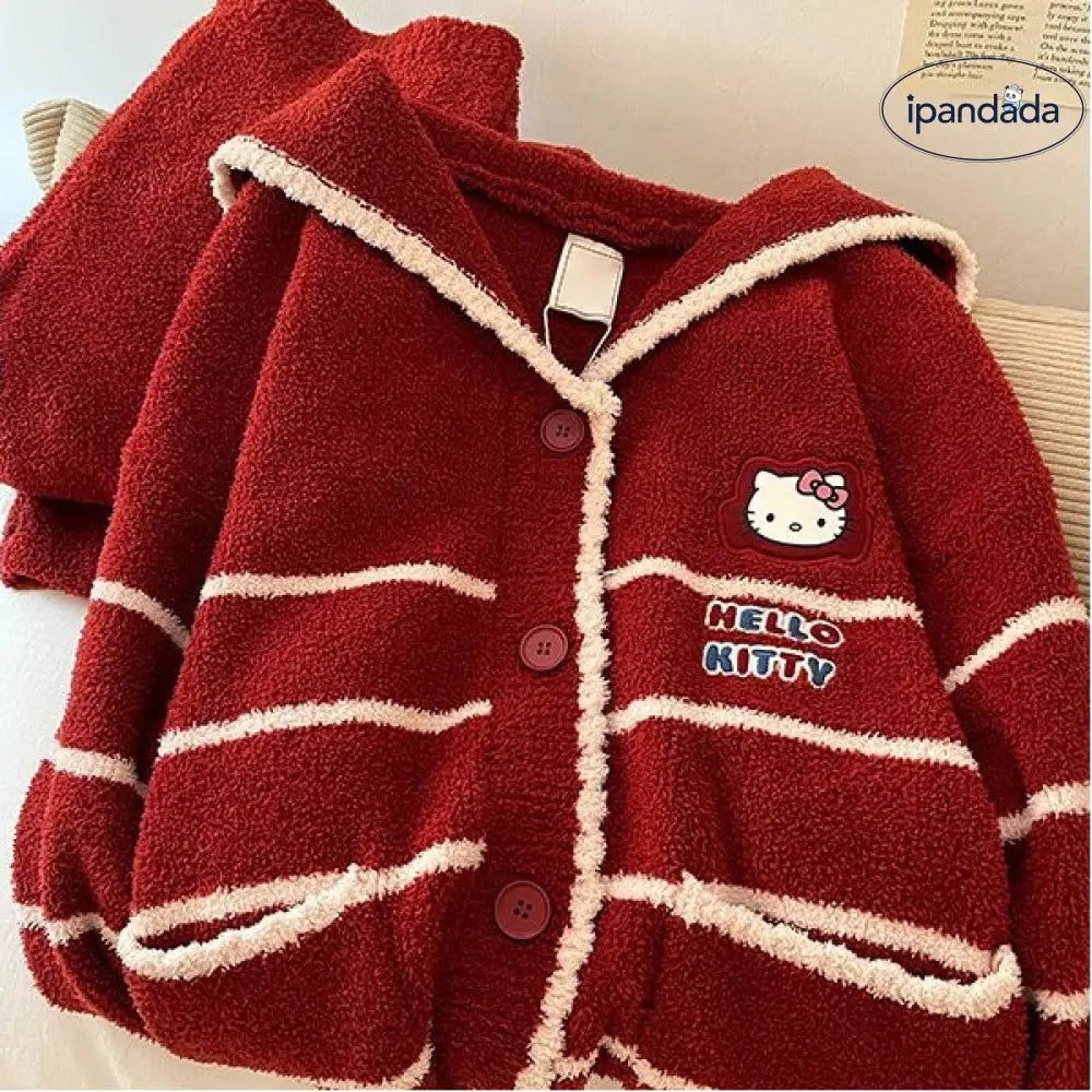 カートゥーン キティ猫 フリース パジャマ レディース 冬用 かわいい クリスマス ルームウェア セット ID3078