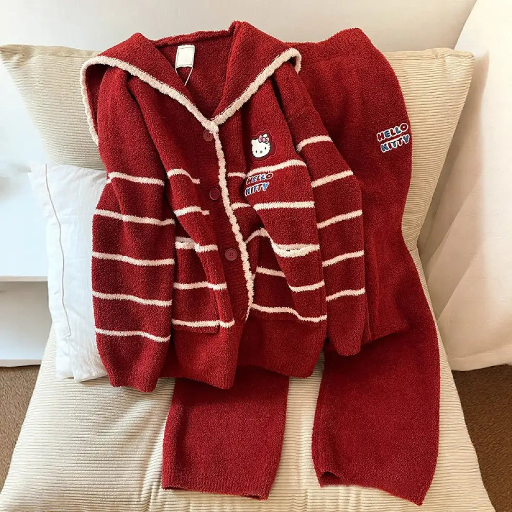 カートゥーン キティ猫 フリース パジャマ レディース 冬用 かわいい クリスマス ルームウェア セット ID3078 写真通り / S
