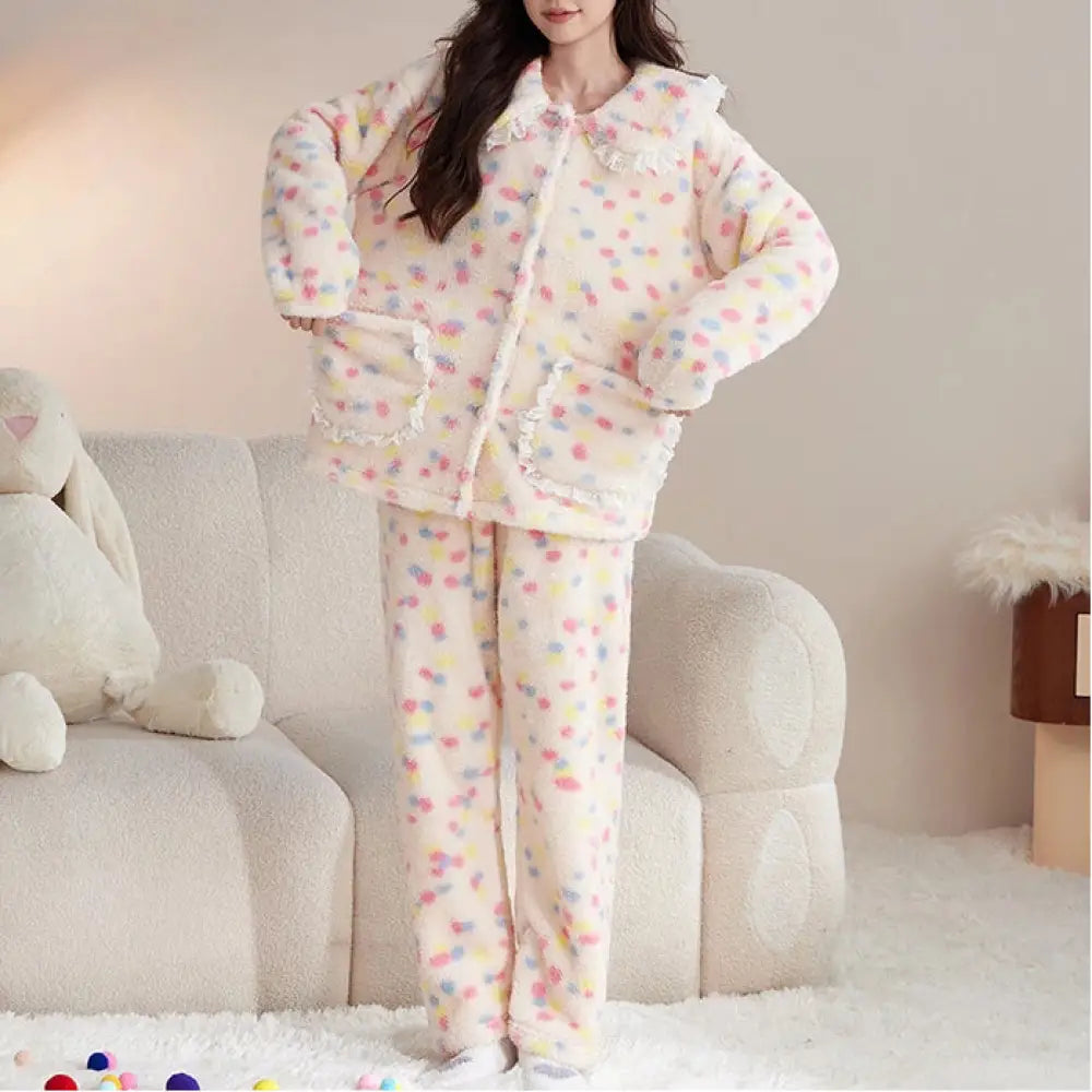 カートゥーン キャット パジャマ 女性用 秋冬 シーズン コーラルフリース 加毛 厚手 可愛い スイート フランネル ルームウェア セットアップ ID2811