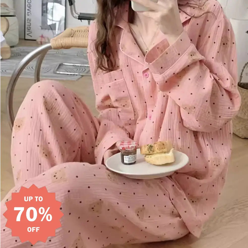 カートゥーン パジャマ 女性 春秋 2026年 新作 カジュアル ルーズ かわいい おしゃれ 可愛い クマ 長袖 ドット ルームウェア セット ID4362 ピンク / M レディース＞セットアップ
