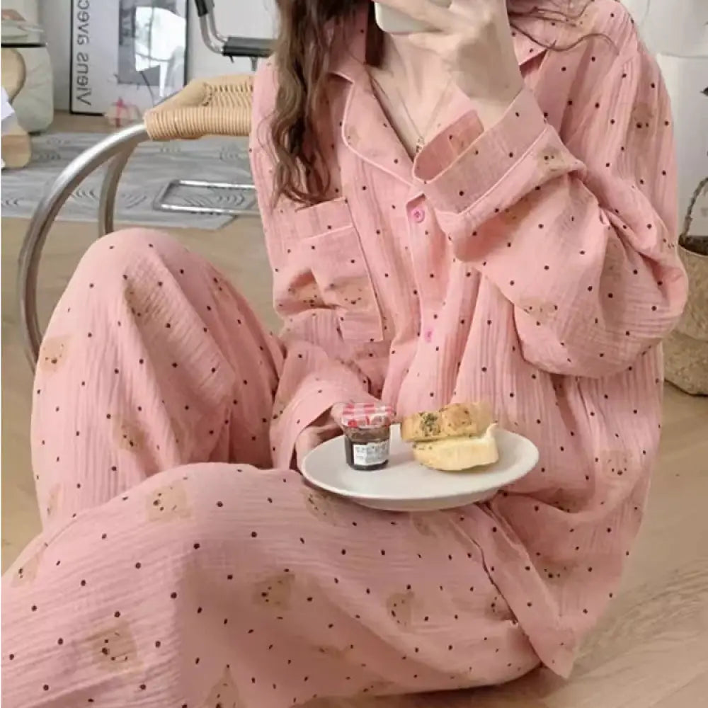 カートゥーン パジャマ 女性 春秋 2026年 新作 カジュアル ルーズ かわいい おしゃれ 可愛い クマ 長袖 ドット ルームウェア セット ID4362 ピンク / M レディース＞セットアップ